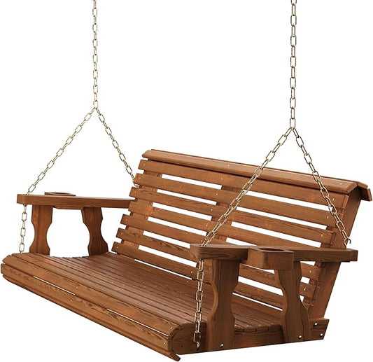 Amish Casual 4 Foot Roll Back Porch Swing with Cup Holders in Oak Stain - Amish Made in The USA from Treated Pine Heavy Duty 700 Lb. Weight Capacity