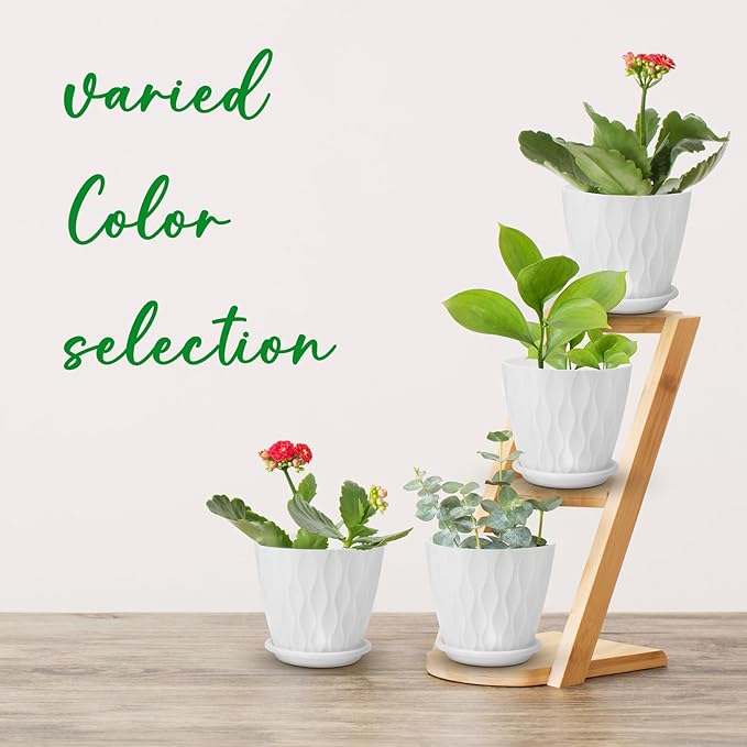 4 inch Plant Pots, 5 Pack Flower Pots Outdoor Indoor, Planters with Drainage Holes and Tray Saucers（White）