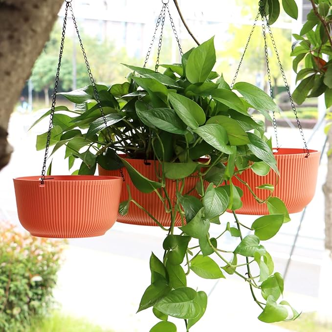 Hanging Planters for Indoor Plants, 3 Pack Plant Hanger Outdoor with Drainage Holes, Self Watering Hanging Basket Flower Pot for Garden Home Decor, 9/10/11 Inch, Orange
