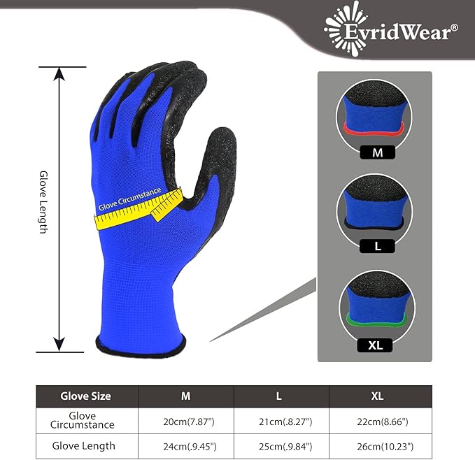 Evridwear Crinkle Latex Rubber Hand Coated Safety Work Gloves for Men Women General Multi Use Construction Warehouse Gardening Assembly Landscaping (Medium,Blue- 12Pair)