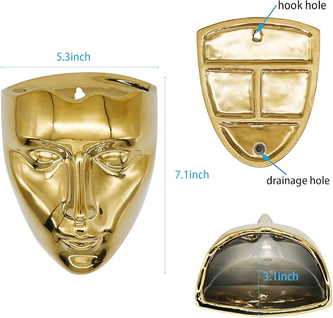 Face Vase,Ceramic Female Form Vase,Modern Sculpture Planter Pot,Human Face Dried Flower Shaped Vase,Wall Hanging Plant Pot for Home Decor Centerpieces, Office or Outdoor Hanging Decor Gold