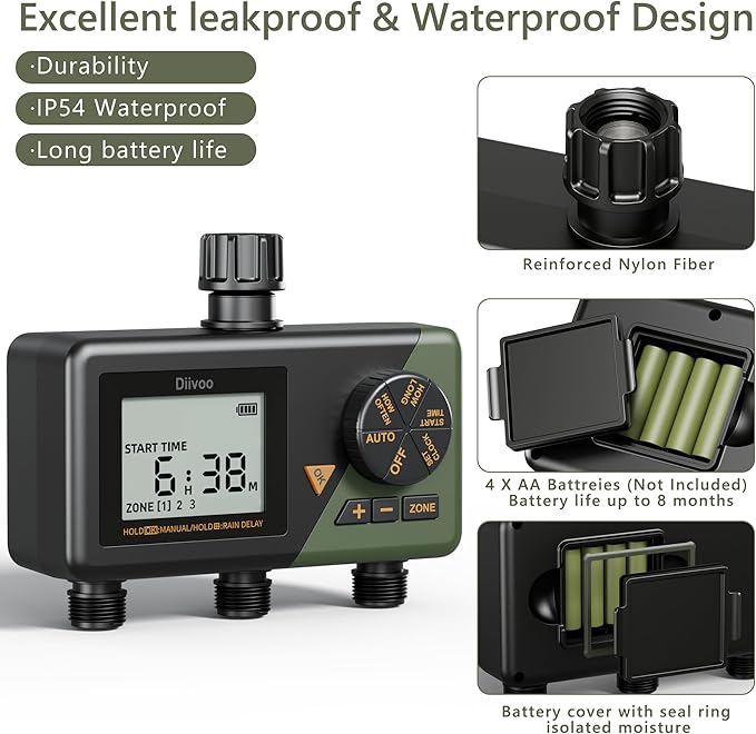 Diivoo Sprinkler Timer 3 Zone, Water Hose Timer 3 Outlet for Garden, Programmable Automatic Irrigation Timer with Rain Delay and Manual/Auto Mode Watering IP54 for Lawn, Yard, Pool