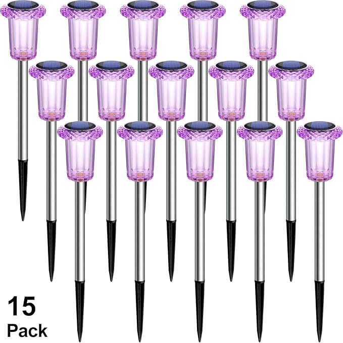 DenicMic Solar Lights Outdoor Pathway Lights LED Waterproof Acrylic Lamp Head Stainless Steel Stake for Yard Garden Landscape Path Walkway Driveway Patio Lawn (Purple 15Pack)
