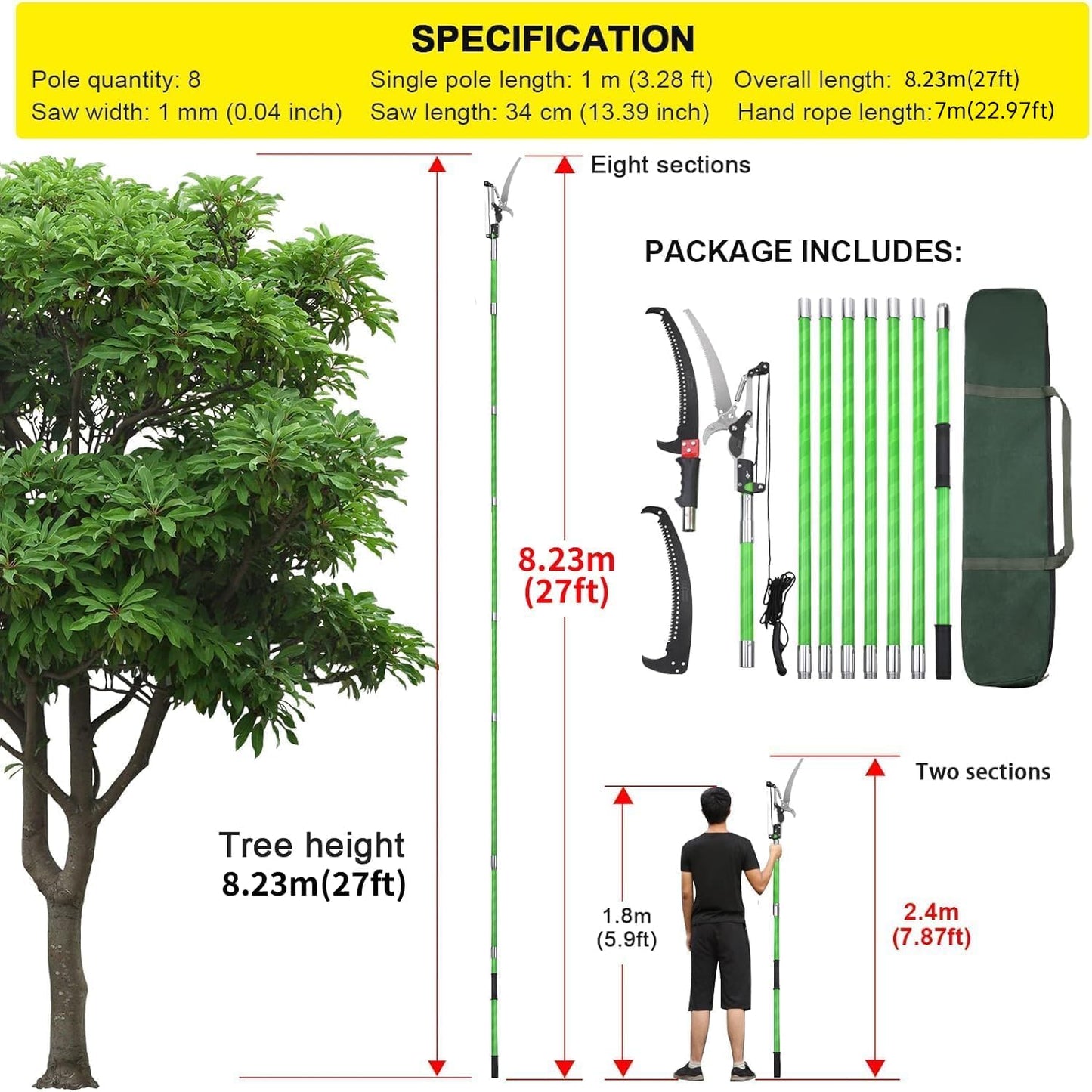 27 Feet Tree Pole Pruner Manual Branches Trimmer Tree Branch Garden Tools Loppers Hand Pole Saws Extendable Height Adustable System for Sawing and Shearing