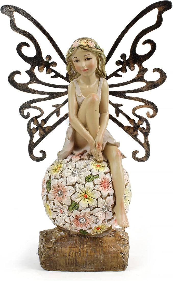 Flower Fairy Garden Decor,Garden Fairy Statues Outdoor,Solar Powered Outdoor Fairy Figurine Accessories,Patio Lawn Yard Porch, Resin Ornaments for Outside Gifts,9.45 Inches Tall