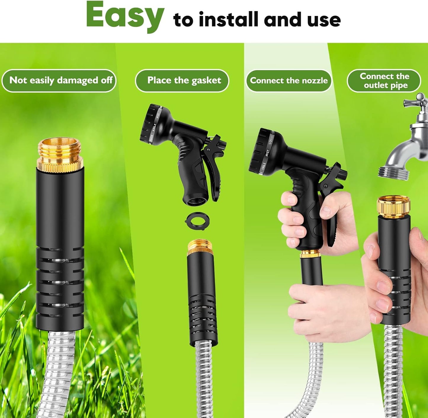 Garden Hose Metal 75FT, Stainless Steel Heavy Duty Water Hose With 10 Function Nozzle, No-Kink, Tough & Flexible, Sturdy and Lightweight, Rust Proof hose for Yard, Outdoor, RV