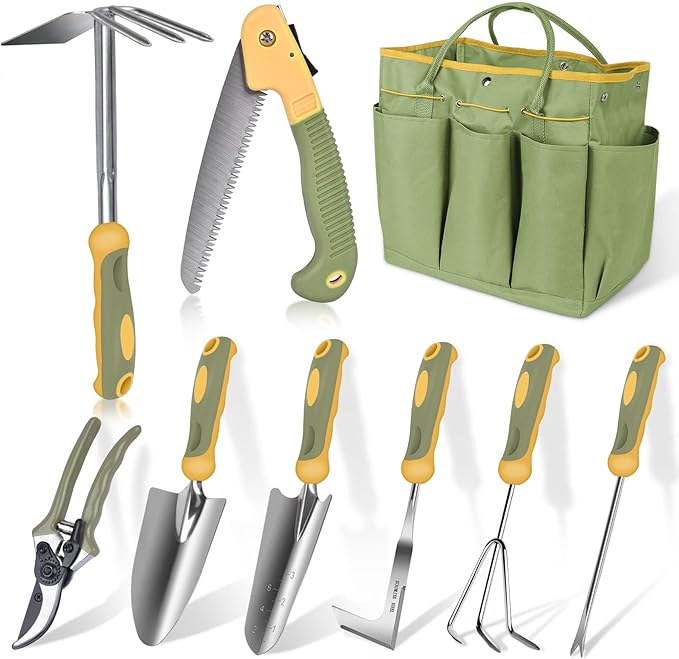 Garden Tool Set, WisaKey 9 Piece Stainless Steel Heavy Duty Gardening Hand Tools with Handle, Durable Garden Tool Bag, Gardening Gifts for Women and Men White Elephant Gifts