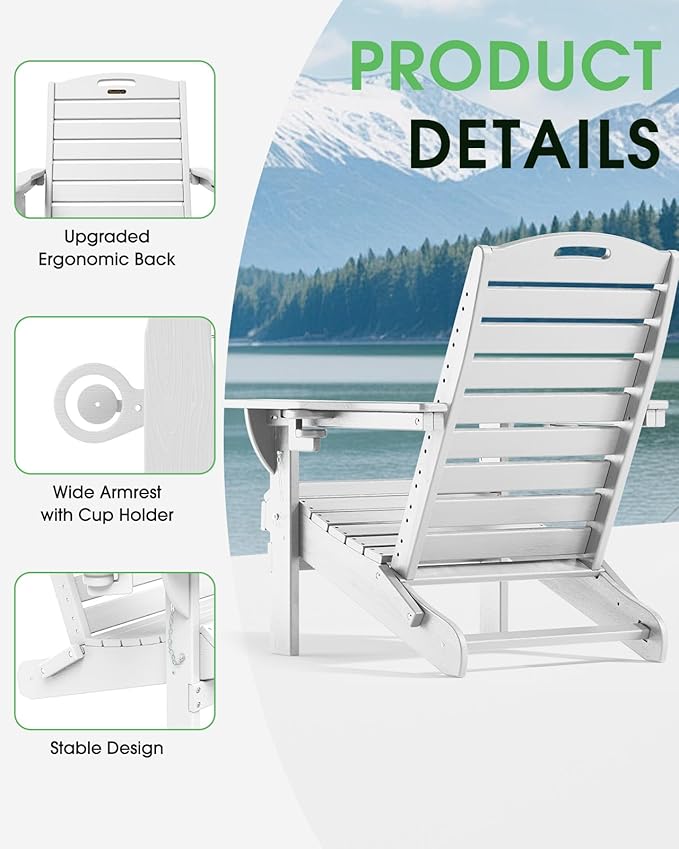 Folding Adirondack Chair HDPE All-Weather Adirondack Chairs with Cup Holder, Outdoor Fire Pit Chairs Lawn Chair for Deck Patio Garden (White)