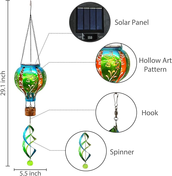 Hot Air Balloon Solar Lantern Hummingbird Wind Spinners with Flickering Flame Light Hanging Solar Lantern Outdoor Waterproof Decorations for Outside Patio Garden Yard