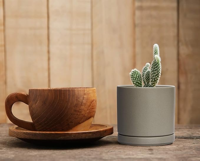 D'vine Dev Set of 2 Plants Pots, 4.6 Inch Ceramic Planter Pot for Plants with Drainage Hole and Saucer, Speckled Grey, 94-V-B-3
