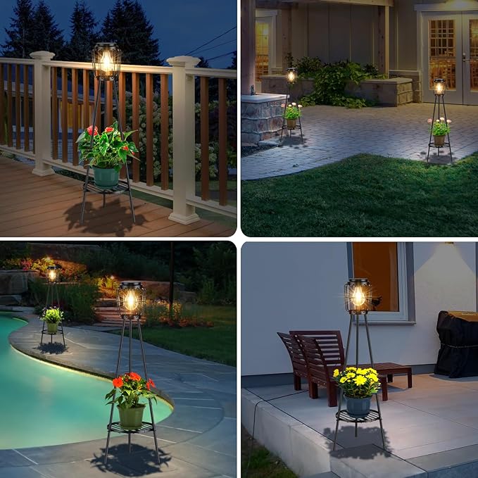 2 Pack Solar Lights Outdoor with Plant Stands, Solar Floor Lamp with LED Edison Bulbs for Garden Yard Pathway Driveway Front/Back Porch Decoration