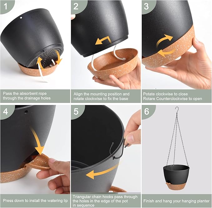 Hanging Planters for Indoor Outdoor Plants, 2 Pack Self Watering Hanging Pot with Drainage Holes & Removable Tray (Black, 6'')