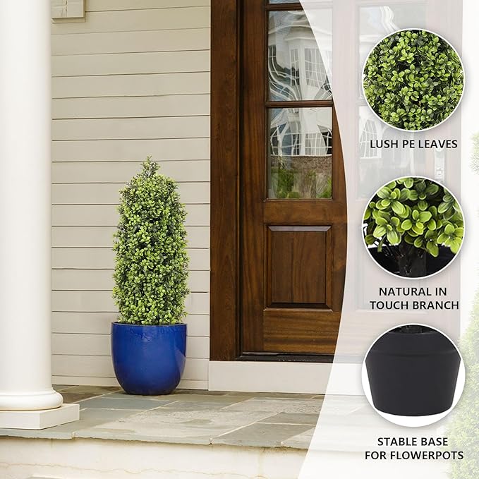 3ft Artificial Boxwood Topiary Trees (Set of 2) - UV Resistant Faux Plants for Outdoor/Indoor, Realistic 36in Fake Bushes and Shrubs for Front Porch, Planter, Patio - Low Maintenance & Evergreen