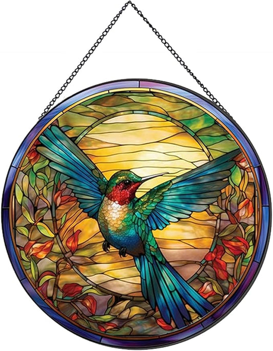 Hummingbirds Pattern Stained Glass Suncatchers for Windows,Hanging Stained Glass Suncatcher,20cm/7.87inch Hand-Painted Sun Catcher Garden Hangings Painted Glass Panel Decor Themed Gift