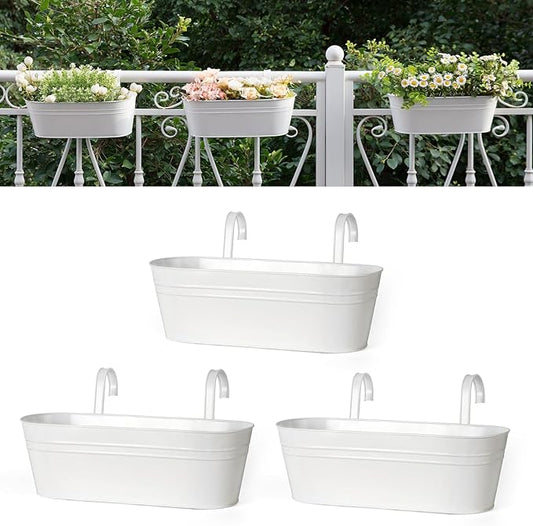 Dahey 3 Pcs Metal Iron Hanging Flower Pots for Railing Fence 15.7 Inch Hanging Bucket Pots Countryside Style Window Flower Plant Holder with Detachable Hooks for Garden Yard Home Decor, White