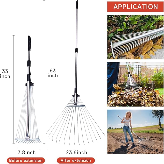 Adjustable Garden Metal Rake -32 to 63 Inch ,Hand Weed Collapsible Camping Landscape Dethatcher Rake for Leaves Shrub Yard Lawns,Leveling Yard Tool,Black