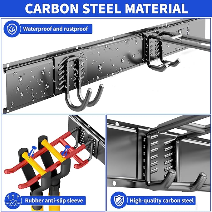 Garage Organization Tool Organizer Wall Mount, 48inch Heavy Duty Garden Tool organizer Storage System, Easy Install With 6 Adjustable Hooks, For Garage, Basement, Shed, Workshop(Black)