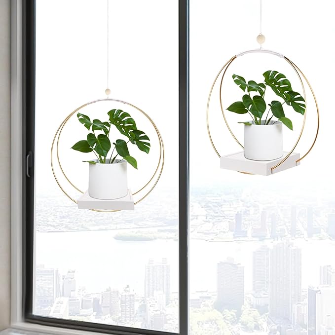 2 Pack Hanging Planter Holder for Indoor Plants, Plant Hanger with Sturdy Wood Base,Modern Boho Macrame Wall Ceiling Window Stands(Plants/Pots Not Included)