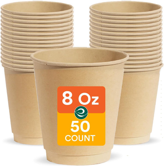 ECO SOUL 100% Compostable Plant-Based 8oz Hot Cups | (50 Count, 8 oz Hot Cups) | Disposable Bagasse Paper Cups | Eco-friendly Cups | Sturdy, Microwave & Oven Safe
