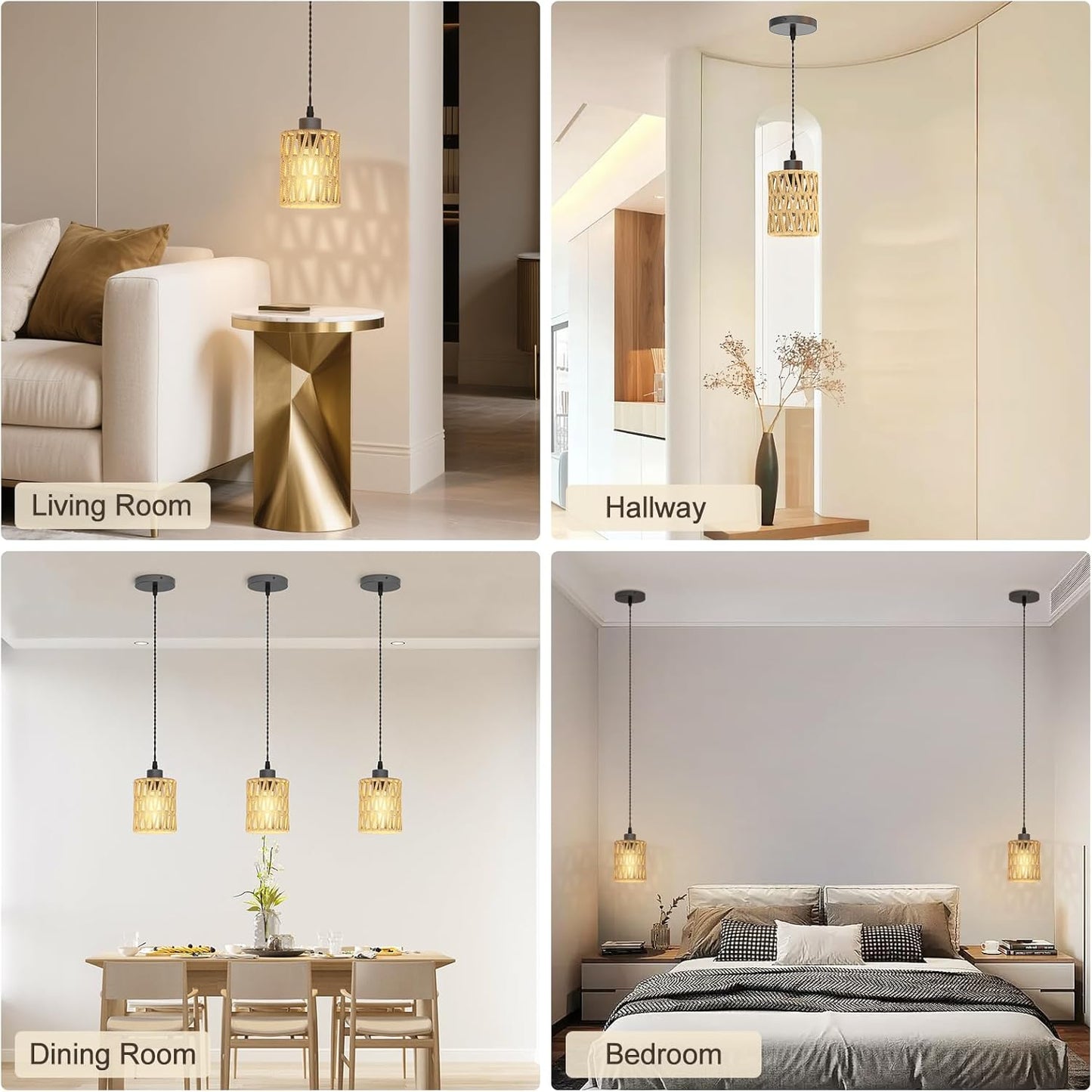 3Packs Boho Rustic Hemp Rope Pendant Light Hand-Woven Rattan Cage Basket Coastal Light Fixture Farmhouse Wicker Hanging Lighting for Kitchen Island Dining Room Bedroom