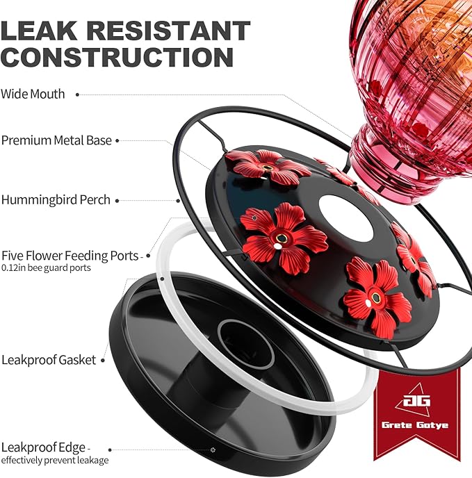 Glass Hummingbird Feeder for Outdoors Hanging, 26Oz Bird Nectar Feeder with Perch & 5 Flower Feeding Ports, Leak Proof for Outside Garden Decor Backyard, Gifts for Women Mom, Clear & Red