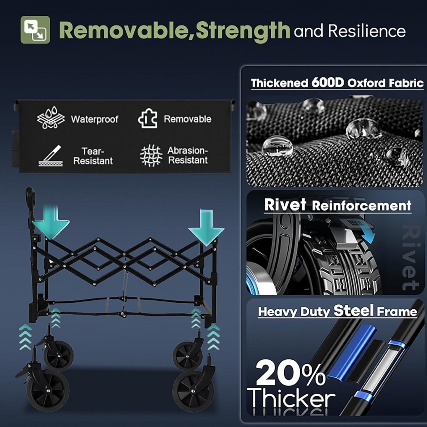 350L Large Capacity Foldable Wagon with Brakes, 560lbs Heavy Duty Collapsible Wagon Cart with Push Handle All-Terrain Big Wheels for Camping, Sports, Shopping, Beach