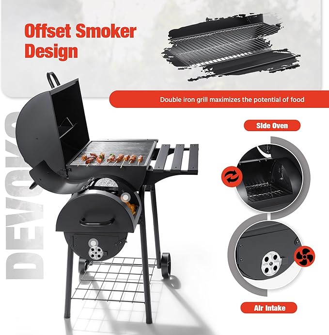 Devoko Charcoal Grill, Outdoor BBQ Grill with Offset Smoker and Side Table for Garden and Parties