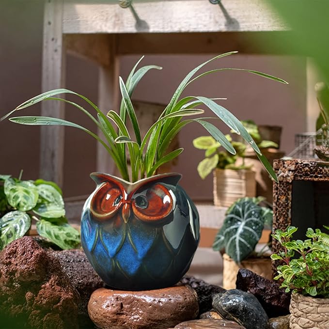 GeLive Blue Owl Ceramic Succulent Planter with Drainage Hole Animal Plant Pot Tabletop Decoration Vase Window Box Indoor Outdoor Decor (Blue)