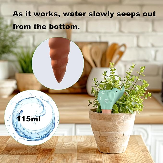 4-Pack Self-Watering Terracotta Spikes for Plants, Automatic Plant Watering Stakes, Keeps Plants Hydrated While You're Away, Ideal for Indoor & Outdoor Use (Elephant Design)