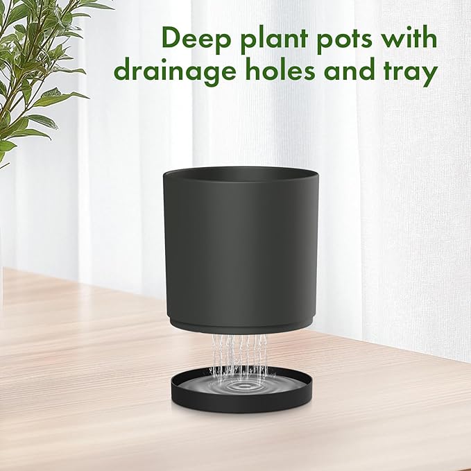 8/7/6 inch Plant Pots, 3 Set Cylinder Flower Pots for Outdoor Indoor Plants, Decorative Plastic Planters with Drainage Holes and Saucers for Garden House Plants, Black