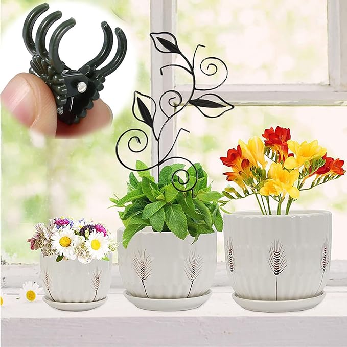 Decorative Metal Plant Trellis for Indoor Potted Plants – Leaf Shape Vine Support Stakes with 6 Plant Clips, Black/Green/Gold Garden Trellises for Climbing Plants, Vines (Black 1pc)