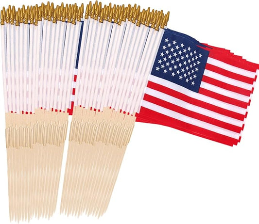 100 Pcs 12x18 Inch American Flags on Stick, American Flags, USA Stick Flag with Handheld and Grounded Multi-Purpose Flagpole, Design for Memorial Day, 4th of July, Veterans Day