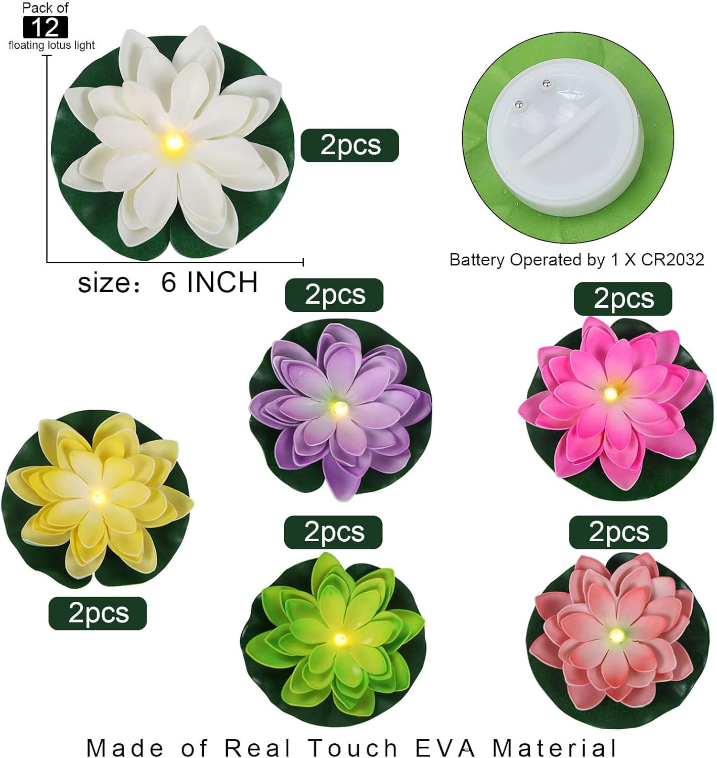 12 PCS Waterproof Floating Lotus Light - Diwali Floating Flower Light Battery Operated Water Activated Warm White Light Pool Flower Lamp Wedding,Anniversary,Garden Decoration(6 Inch, Mix-Color)