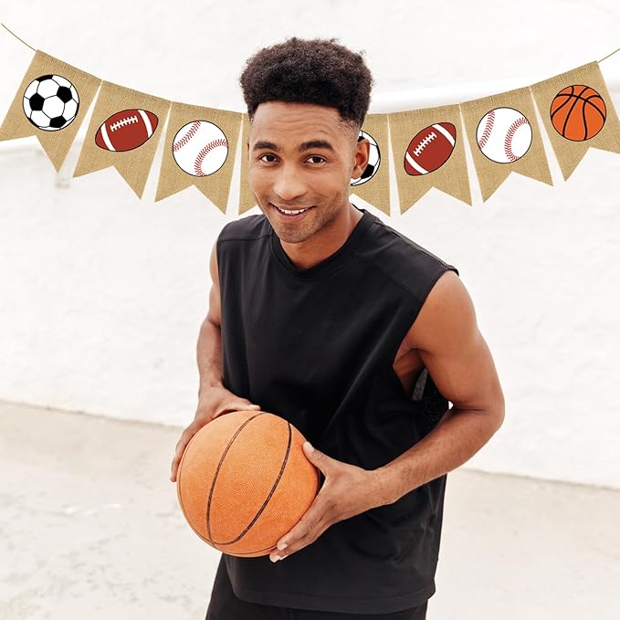 Doumeny Sports Burlap Banner Baseball Bunting Garland Sport Theme Party Hanging Banner American Football Banner Garland Basketball Soccer Banner Bunting for Birthday Baby Shower Sport Club Party Decor