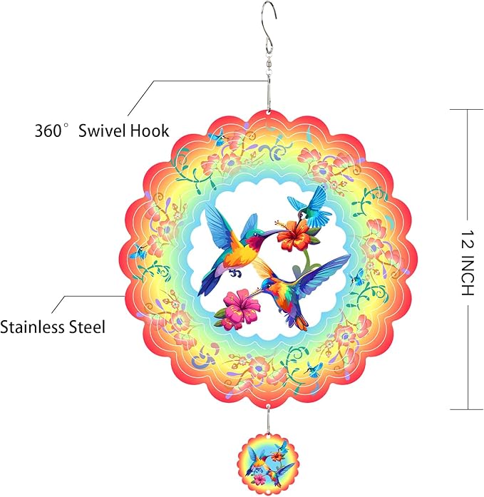 Hummingbirds Metal Wind Spinners Hummingbird Gifts for Mom Women Grandma,12inch Hanging Wind Spinner for Outdoor&Indoor Decor Wind Kinetic Ornament for Yard Garden Decoration