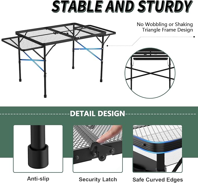 Folding Table with 2 Wing Panels, 3x2 FT Camping Table with Mesh Desktop,Height Adjustable Folding Grill Table with Mesh Bag,Portable Outdoor Table for Picnic,Camping,BBQ,Beach(Black)