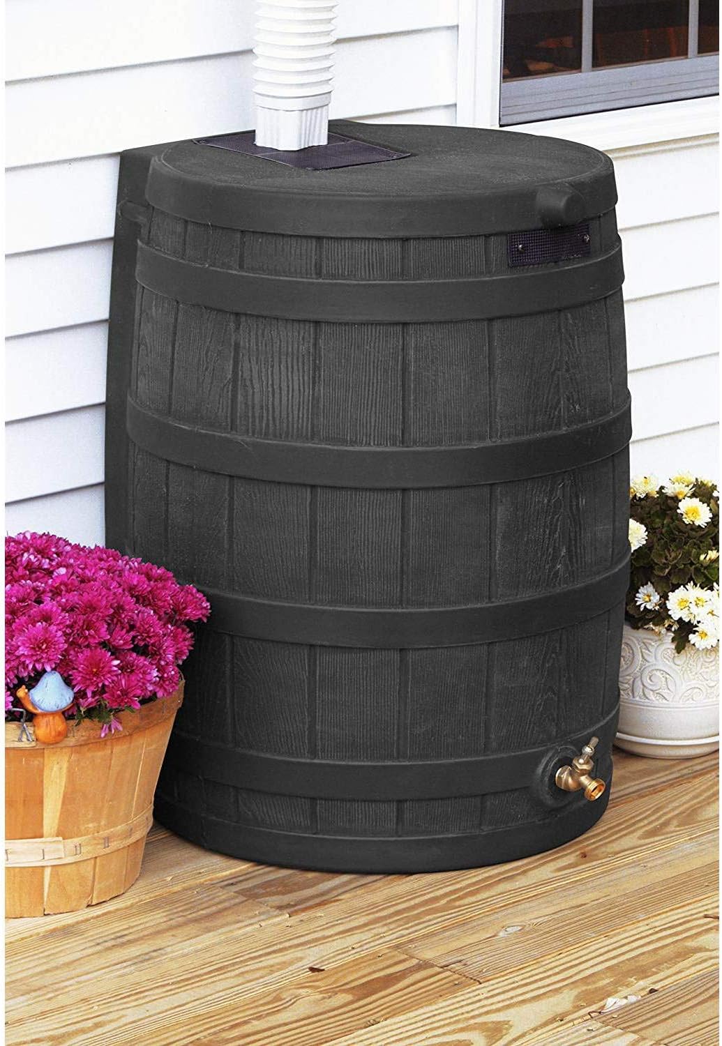 Good Ideas Rain Wizard 50 Gallon Plastic Outdoor Home Water Storage Tank Rain Barrel Collector with Brass Spigot and Flat Back Design, Black, 2 Pack