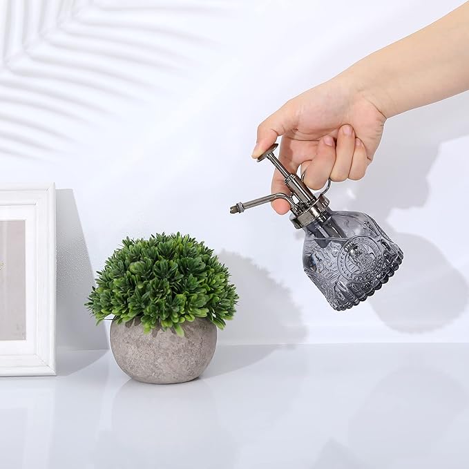Glass Plant Mister Spray Bottle, Vintage Plant Spritzer, Succulent Spray Bottle with Top Pump, Small Plant Sprayer Mister Glass Watering Can for Indoor Outdoor House Plant - Grey