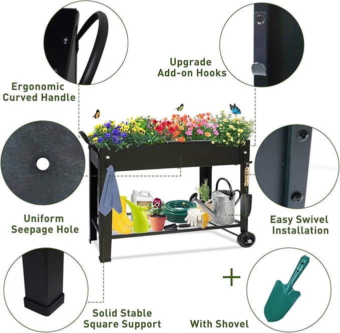 aboxoo Large Planter Raised Beds with Legs Outdoor Metal Planter Box on Wheels Elevated Garden Bed for Vegetables Flower Herb Patio (40" L x 11" W x 31.5" H)