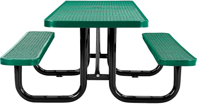 Global Industrial 8'L Rectangular Picnic Table, ADA Compliant, Expanded Metal, Green Thermoplastic Coating, Attached Benches, 1-1/2” Umbrella Pole Hole, Outdoor-Rated
