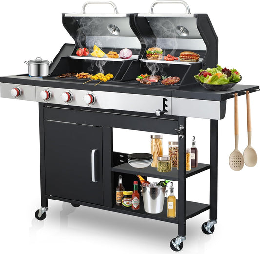 3-Burner Gas and Charcoal Combo Grill with Griddle Plate, 37,230 BTU, Stainless Steel & Enameled Grates, Side Burner + Storage Cabinet for Backyard, Tailgating, Teppanyaki