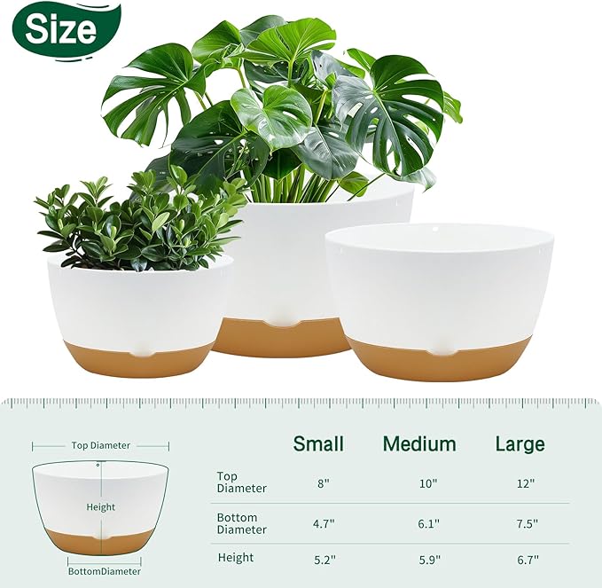 8/10/12 Inch Pots for Indoor Plants, Large Self Watering Planters with Drainage and Saucers, Plastic Outdoor Flower Pot, Set of 3, White