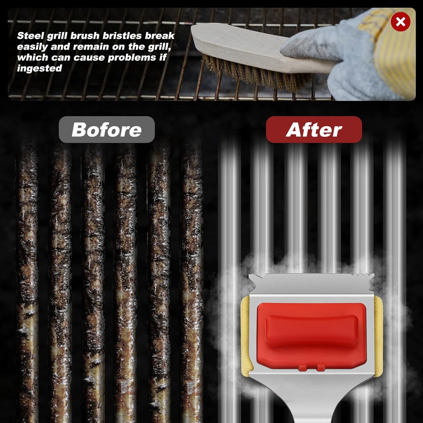 Grill Brush Bristle Free - Cleaning with Steam Technology, Replaceable Brush Heads & Scraper Tool for Stainless-Steel Grates Grill Brush with Stainless Steel Spatula and Two Cleaning Brush Heads