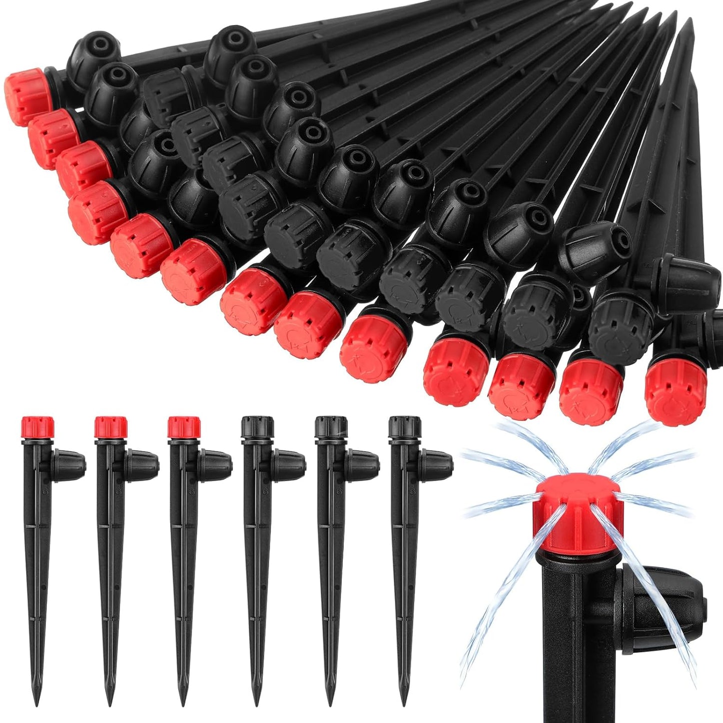 80 Pcs Drip Irrigation Emitters with Adjustable 360 Degree Water Flow Drippers for 1/4 Tubing Sprayer on 5.5 Arrow Stake for Garden System(Red, Black,Eight Hole Nozzle)