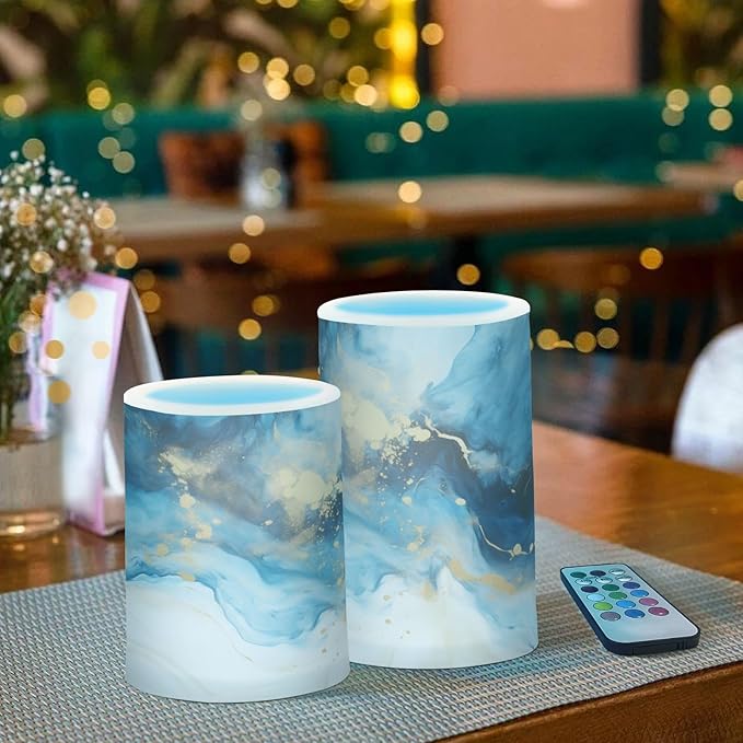 Flickering Flameless Candles, Marble Navy Blue LED Candles with Remote Timer, Set of 2 Battery Operated Candle for Valentine Wedding Birthday