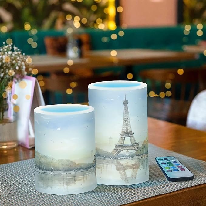 Flickering Flameless Candles, Eiffel Tower Lake LED Candles with Remote Timer, Set of 2 Battery Operated Candle for Valentine Wedding Birthday