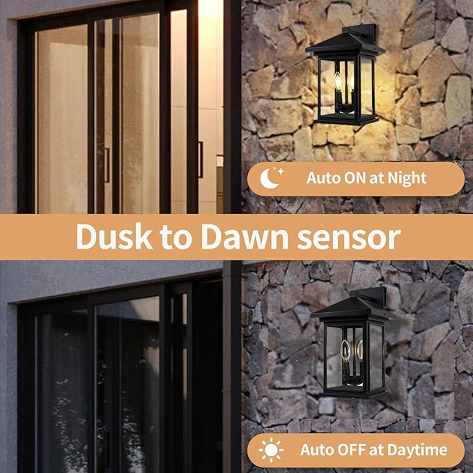 Dusk to Dawn Outdoor Wall Lantern, Exterior Wall Sconce Fixture with Tempered Clear Seeded Glass, Matte Black Finish for Outdoors (Large Wall Mount)