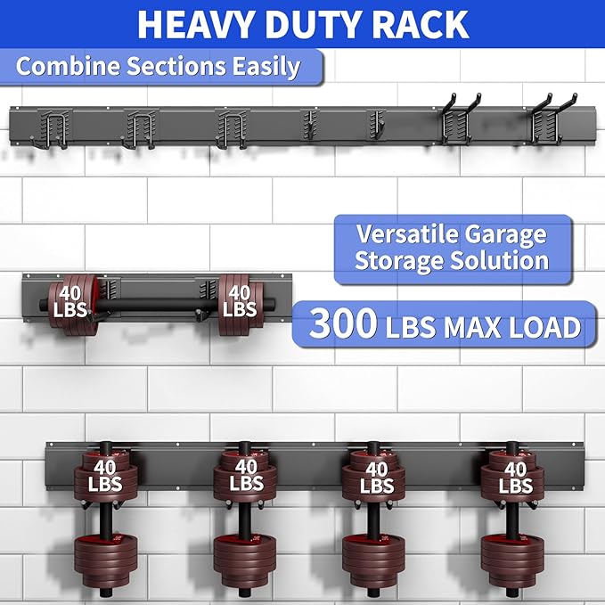 Garage Organization Tool Organizer Wall Mount, 48inch Heavy Duty Garden Tool organizer Storage System, Easy Install With 7 Adjustable Hooks, For Garage, Basement, Shed, Workshop(Black)