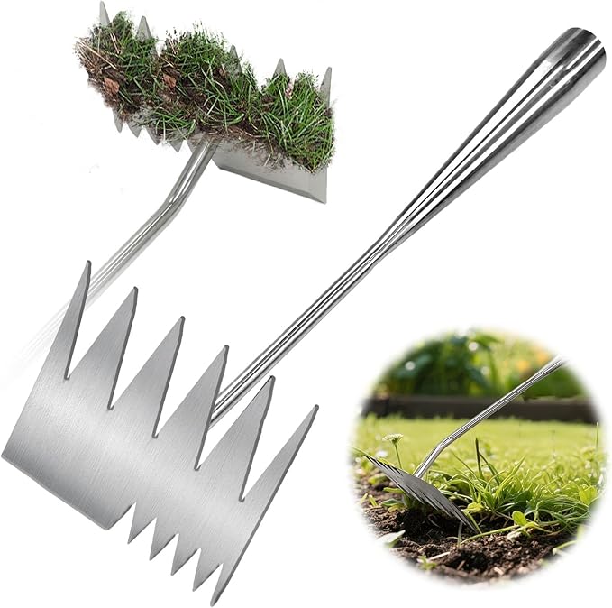 2025 Upgraded Weed Puller Tool,Portable Garden Weed Rake Uprooting Weeding Tool with Handle,6 Tooth Manganese Steel Manual Weeder Remover Tool for Gardening Backyard Farm Planting & Weeding