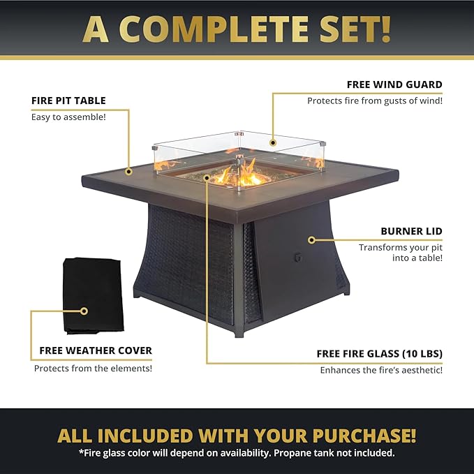 42" Outdoor Fire Pit Table for Patio, Propane Fire Pit Coffee Table with Square Base Patio Heater, CSA Certified, 50,000 BTU Stainless Steel Burner